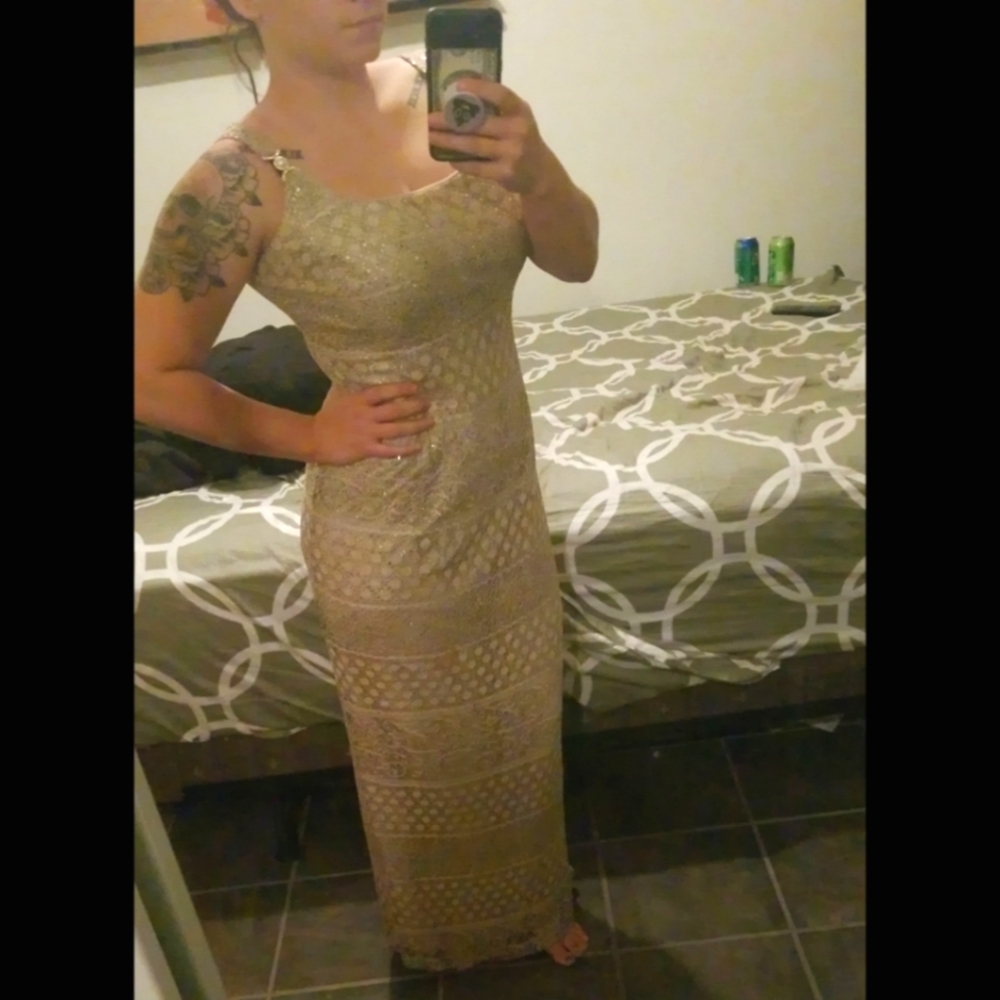 Gold Prom Dress or Wedding w Pearl on Straps
